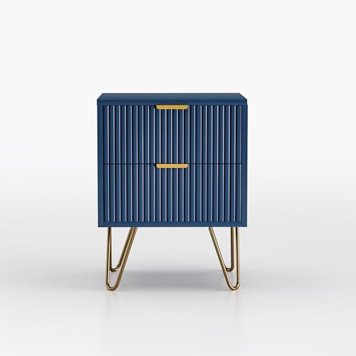 WOBOPCG Nachttisch, 2 Schubladen, Kommode mit 2 Schubladen, Beistelltische mit Schubladen, Beistelltisch aus Holz, Nachttisch, blau, Beine und goldene Griffe, vertikale Maserung (1, 2 Schubladen)