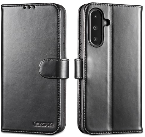 LENSUN Echtleder Hülle für A36 Samsung Galaxy Handytaschen - Glatt Schwarz | Handyhülle Echtes Leder, RFID Blocking Brieftasche, Handy Schutz Lederhülle, Bookstyle Klapphülle, 3 Kartenfächer