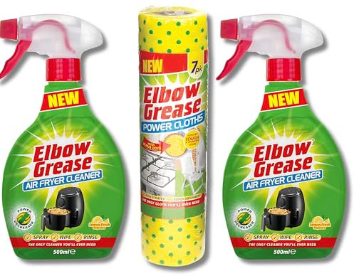 Grease Lemon Fresh Air Fryer Cleaner 500ml.(Pack of 2) with 7-Pack Super Size Scrub Dots Cleaning Cloths – Extra Thick, Reusable, Non-Scratch Towels for Tough Stains – Yellow