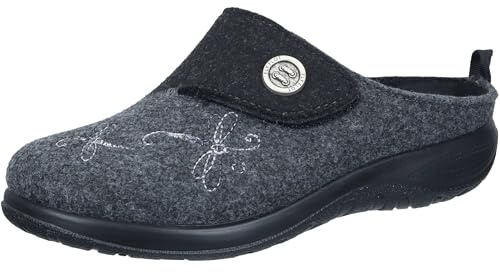 Fly Flot Damen Pantoffel PET Filz Hausschuh mit Libellen Stickerei und Knopf, Größe:37 EU, Farbe:Schwarz