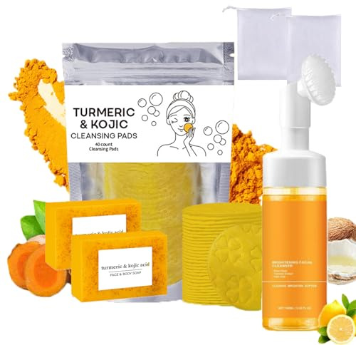 Kurkuma Wasch und Pflege Dreiteiler Set, Tuemeric Gesichtsreiniger Mit Bürste, Kurkuma Gesichtspeeling Pads, Kurkuma Seifenstück, Seifenschaumnetz, Tiefenreinigungsset für Gesicht und Körper