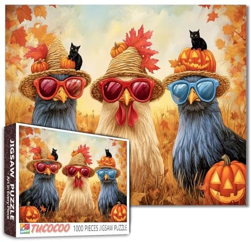 Adults Beginners 1000 Piece Roosters Puzzle Halloween Sunglasses Straw Hat Pumpkins Spiders Autumn Field Twilight Jack O Lanterns Black Cats Watercolor 27x20 Inches
