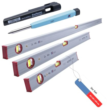Kaufmann Wasserwaagen ASK Set– Profi Wasserwaagen Set aus Aluminium – Verstärktes Profil – 1 Horizontal- und 1 Vertikallibelle – Rutschstopper – Made in Germany – inkl. Tieflochmarker (Set 40+60+120)
