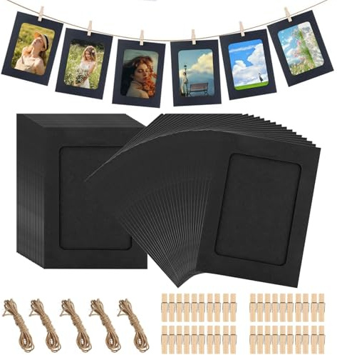 Lunyloer Fotogirlande 50 Stück Fotoleine mit Klammern, 10x15 cm | mit 50 Stück Holzklammern 5 Stück Hanfseil 6 Zoll Fotorahmen aus Pappe für DIY Geburtstag Hochzeit Party Wand
