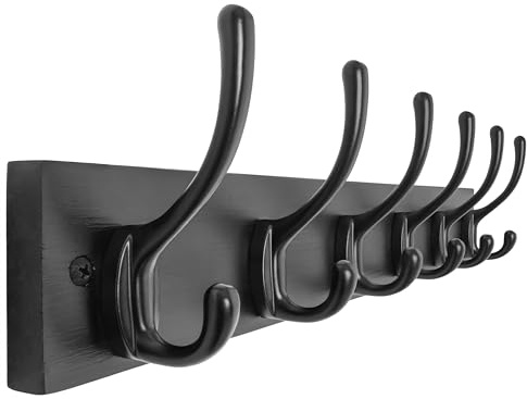 HONSKY Wall Coat Rack,Wooden Wall Coat Hook,6 Double Hooks,44cm,Coat and Towel Hanger Storage for Entryway, Bathroom, Bedroom, Garage,Black Base/Black Hook