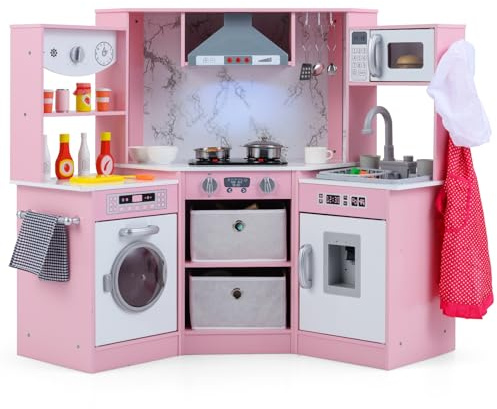 COSTWAY Kinderküche Holz, Spielküche mit Licht und Sound, Holzküche Eck mit Dunstabzugshaube, Wasserzirkulationssystem, Wasserspender & Waschmaschine, inkl. Zubehör, für Kinder ab 3 Jahren (Rosa)