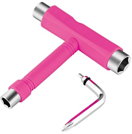 Accessotech Skateboard T Tool Wrench Screw with Allen Key Turner 5 Way All in 1 Multifunction Skate Tool for Skateboards/Scooter/Roller Skate/Long Board Mini Type (Pink)