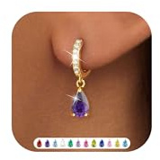 ZNBOH Ohrringe Gold Hängend Damen 18K Vergoldete Klein Creolen Geburtsstein | Zirkonia Damenohrringe Mit Stein Rubin Aquamarin Smaragd Peridot Amethyst,Schmuck Geburtstag Geschenk für Freundin Frauen