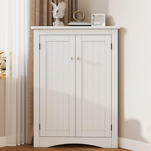 Merax Kleiner Eckschrank, Freistehender 2-türiger Dreiecks-Schrank mit 3 Ebenen, hochwertige MDF-Platte mit lackierter Oberfläche, platzsparend für Bad, Küche, Wohnzimmer, Weiß (61,5 x 90 cm)