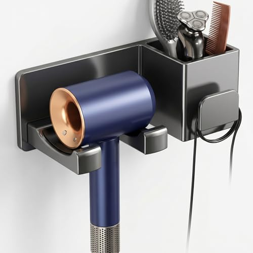 XQ&XG Soporte secador de pared de aluminio grueso, diseño curvo con protección de silicona, recogecables, adhesivo sin agujeros, compartimento portaobjetos para peine y cepillo, color gunmetal