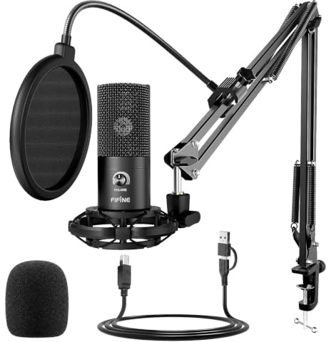 FIFINE Estudio, Kit de Microfono Ordenador PC con Soporte de Brazo de Tijera Ajustable Soporte de Choque para Instrumentos Grabación Podcasting Youtube Gaming