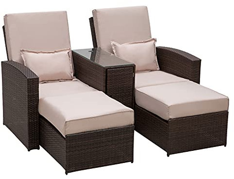 Outsunny Double Rattan Sun Lounger with Footrest, Storage Table, Brown