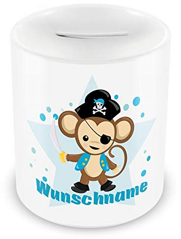 Samunshi® Kinder Spardose mit Namen und Piraten Affe als Motiv für Kinder - Jungen und Mädchen Sparschwein weiß
