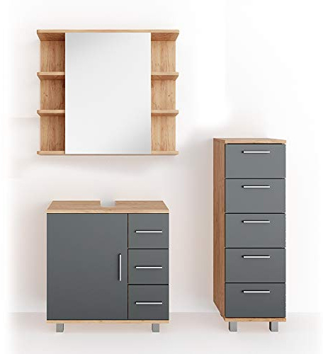Vicco Badmöbel-Set Ilias, Eiche 60 cm | besteht aus Waschbeckenunterschrank, Spiegelschrank und Midischrank