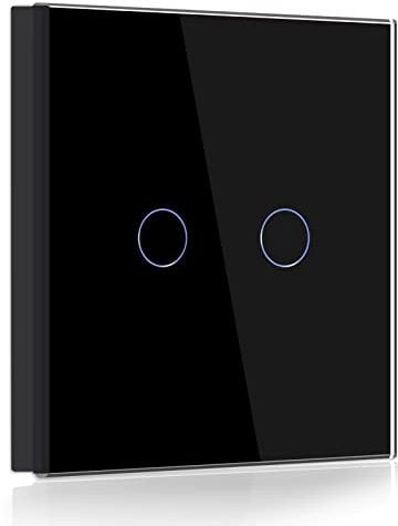 BSEED Touch Light Switch 2 Gang 1 Way, Tempered Glass Panel Light Switches with LED Indicator,Black Touch Sensitive Light Switch-No Neutral Wire