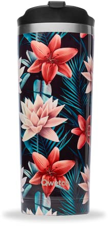 QWETCH - Travel Mug Isotherme - Tropical Noir 470ml - Thermos Café & Thé en Inox - 6h Chaud et 12h Froid - Sans BPA, Étanche, Mug de voyage