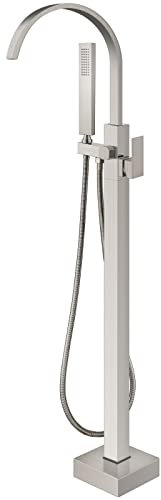Aolemi Freestanding Tub Filler Brushed Nickel Floor Mount Bathtub Faucet Bathroom Waterfall Brass Tap Single Handle with Handheld Shower Swivel Spout