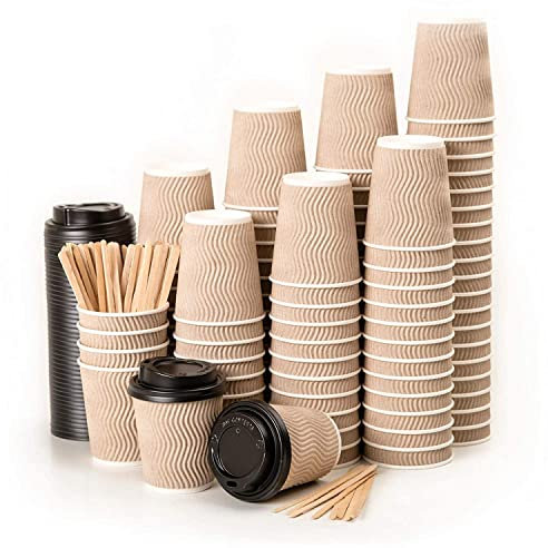 12oz Takeaway Coffee Cups to Go with Black Lids, Kraft Ripple Insulated Paper Cups with Wooden Stirrers [12oz, 340ml, 100 Pack] Disposable Takeaway Insulated Biodegradable Cups for Tea and Hot Drinks