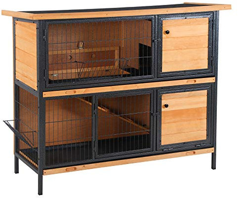 PawHut 2 Tier Wooden Rabbit Hutch Guinea Pig Hutch Bunny Cage Metal Frame Elevated Pet House with Slide-Out Tray Feeding Trough Ramp Lockable Door Openable Roof Light Yellow 122 x 50 x 101cm
