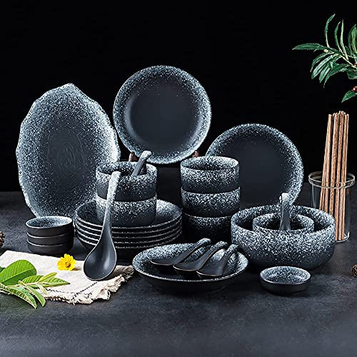 JMBK 45 Assiettes Creuses Noir pour 10 Personnes Assiettes Creuses Style Ethnique Moderne I Bol À Pâtes & Bols À Céréales Grande Assiette en Grès Noir Mat,Noir