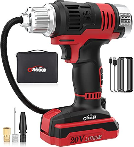 Oasser Compressore Aria Portatile 20V per Pneumatici con Batteria Ricaricabile agli ioni di Litio, manometro Digitale LCD, luci a LED, Cavo USB P2S, Giallo