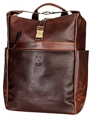 Corno d´Oro Handmade Rolltop Rucksack Herren Groß Leder I Premium XL Lederrucksack Damen verstellbares Volumen bis 25l I Laptoprucksack 17 Zoll Laptop Braun