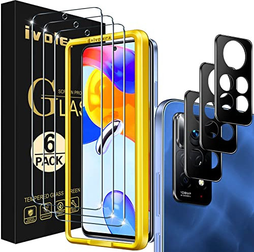 ivoler 3 Piezas Cristal Vidrio Templado Protector de Pantalla para Xiaomi Redmi Note 11 Pro 4G / 5G / Redmi Note 11E Pro 5G, con [3 Piezas] Protector de Lente de Cámara y Marco de Instalación Fácil