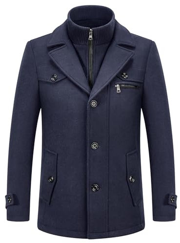 Kudoro Herren-Wollmäntel, Winter, gepolsterter Trenchcoat für den Alltag, Business, Oberbekleidung, dicke Wollmischung, Pea Coat mit abnehmbarem Innenkragen, dunkelgrau, L