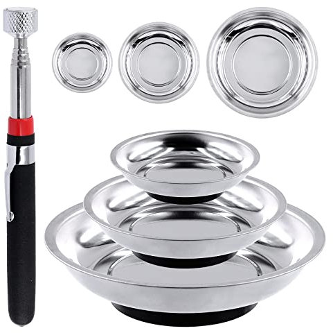Tanstic 4Pcs Round Magnetic Trays Set with Magnetic Pick Up Tool, 3 4 6 Stainless Steel Magnet Trays Tools Parts Tray Holder, Telescoping Pick Up Tool Telescopic Magnet Stick for Metal Parts