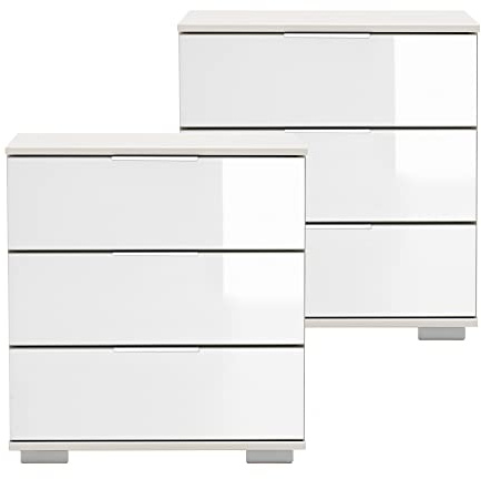 Lomadox LA43-554718 - Schlafzimmer 2er Set Nachttisch Nachtschrank für Boxspringbett in weiß mit weißem Glas ELSTRA-43, B/H/T ca. 52/58/38 cm