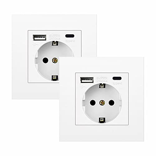 Kofelec Lot de 2 prises 1 voie avec chargeur USB, port de type C, prise murale 16 A, encastrée, blanche, cadre inclus