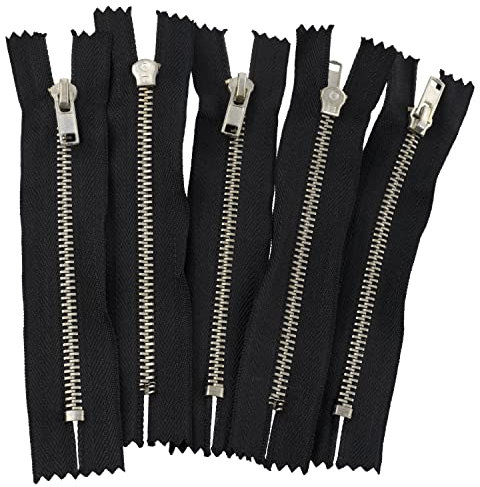 Aerzetix - C61582 - Set di 5 Cerniere Lampo N°4 Non separabili 12cm in Metallo Finitura Cromo - Colore: Nero - tiretto cursore Jeans Gilet pelletteria Cucito Abbigliamento Pantaloni merceria