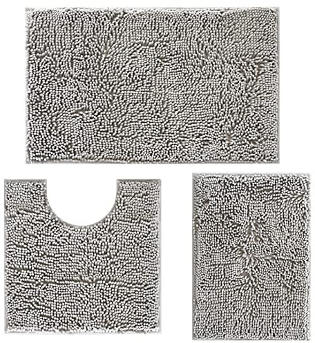 Bathroom Mat, Super Soft Chenille Bath Mat Set 3 Piece, Light Grey Non-Slip Bath Mats, Absorbent Shaggy Rugs, Clean and Dry, Perfect Plush Bathroom Mats, Bathroom Carpets Set with U-Shaped Toilet Mat