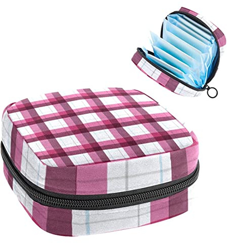 Aufbewahrungstasche für Damenbinden, Menstruationstassen-Tasche, Perioden-Tasche, Organizer für weibliche Pads, Tampons, rosa weißes Karomuster