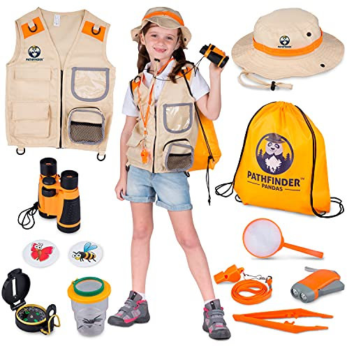 Kit Exploration Enfant avec Gilet Safari et Chapeau, Jumelles, Boussole Enfant, Loupe Enfant, Boite Loupe Insecte - Cadeau pour Les Garçons et Les Filles âgés de 3 à 12 Ans (Orange, 7+)