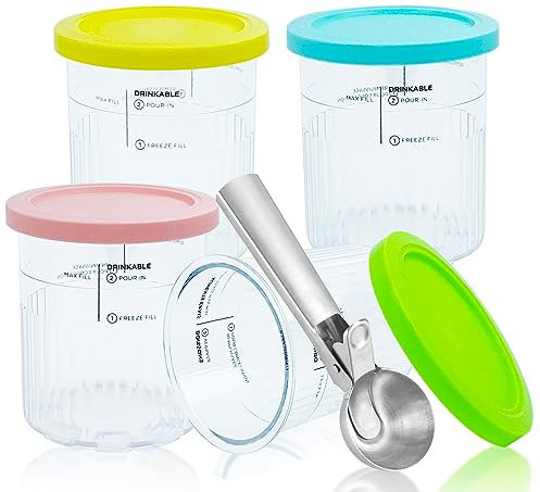 CUTIECLUB Creami Deluxe Tubs, 4 Ice Cream Pint Containers 24oz and Lids for Ninja Creami NC500UK NC501UK Series Deluxe ice Cream Makers, and Stainless Steel Ice Cream Scooper with Trigger Release Set