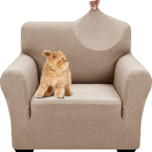 YSTELLAA Sofa Überzug 1 Sitzer, Stretch Sesselschoner, Sofaschoner rutschfest Mit Armlehne, Universal Sofabezug, Dicke Sofabezug Für Hunde Katzen Und Haustiere, Waschbare Sofa Cover, Khaki