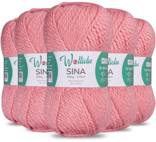 Wollidu Sina Wolle zum Stricken und Häkeln 500g Premium Strickwolle/Häkelwolle Set OEKO-TEX zertifiziert 5 x 100g/170m 80% Polyacryl 20% Schafwolle mulesing-frei - Zartrosa