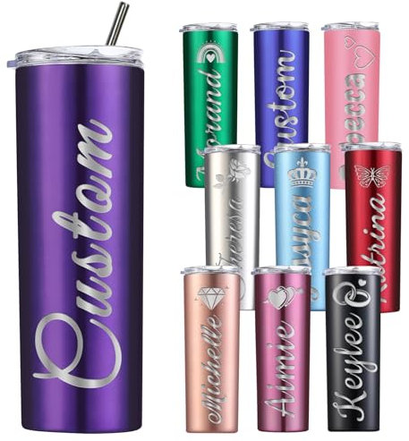 Nevaou Personalised Tumbler with Lid and Straw Custom Skinny Tumblers Name Engraved Stainless Steel Cups Insulated 20oz Dark Purple Men Women Birthday Christmas Valentine's Day Gifts