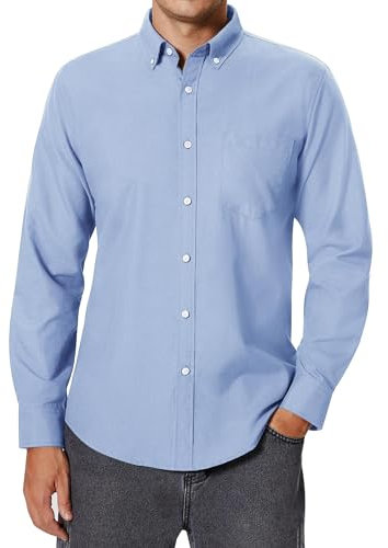 siliteelon Men's Oxford Shirt Long Sleeve Smart Casual Plain Regualr Fit Button Down Shirts with Pockt Light Blue S