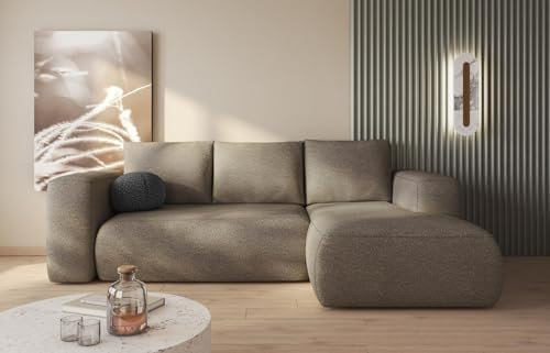 Easy4You Lambi Ecksofa L-Form Rechts 266 x 89 x 164 cm mit Schlaffunktion und Stauraum - Schlafsofa mit Bettkasten - Moderne Wohnzimmermöbel – Stoff: Boucle 03