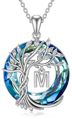 TOUPOP Tree of Life Initial A-Z Letter Necklace 925 Sterling Silver Irish Family Celtic Tree Blue Crystal Jewellery Anniversary Birthday Gifts for Women Girls Ladies Her Wife