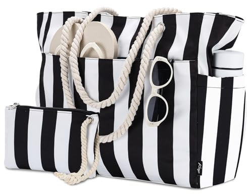 Kasgo Strandtasche XXL Familie Damen groß Wasserdichte Badetasche mit Reißverschluss Leichte Beach Bag Faltbare Shopper Tote Bag für Strand Schwimmbad Fitnessstudio Reisen Schwarzer Streifen