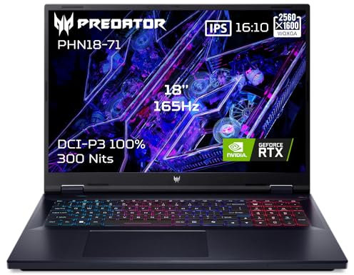 ACER Predator Helios 18 PHN18-71-98EF, Ordinateur Portable Gaming 18 WQXGA IPS 165Hz, PC Portable Gamer (Intel Core i9-14900HX, RAM 32Go, 1024 Go SSD, NVIDIA GeForce RTX 4070, Windows 11) - Noir