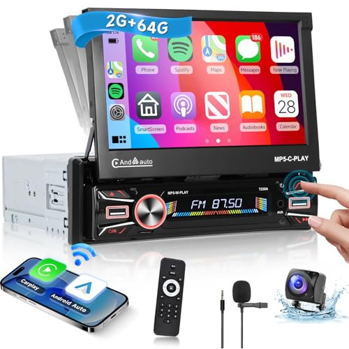 【2+64G】 Hodozzy Carplay sans Fil Autoradio Android 1 Din avec Ecran 7 Pouces Rétractable Automatique, Poste Radio Voiture Bluetooth avec Android Auto RDS FM WiFi GPS EQ USB+Caméra de recul