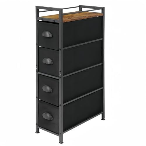 LIANTRAL Vertikale schlanke Kommode mit 4 Stoffschubladen, Stoffkommode, Aufbewahrungs-Turm, große Kapazität, Kommode für Schlafzimmer,Wohnzimmer,Badezimmer,Eingang,schmaler Raum, Schwarz und Braun