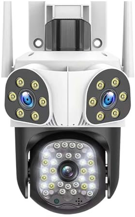 6K 12MP Camera Outdoor Motion Tracking Three Len Screens 4X Zoom PTZ Video Cam Security Protection CCTV Surveillance Camera for Home Security(Camera Add 64G)