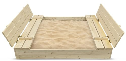Bac à sable 140x140cm en bois avec couvercle rabattable - Couleur bois naturel - Elem Garden