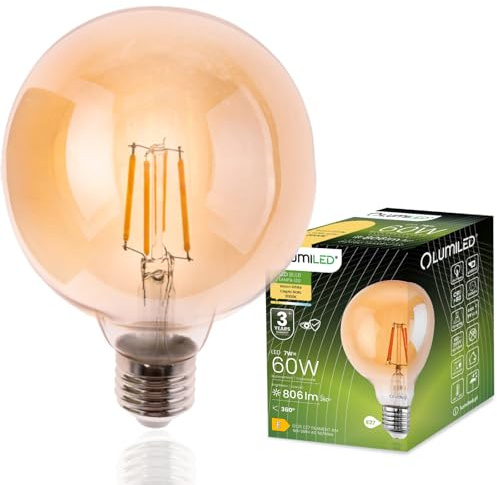 Lumiled G125 E27 LED Vintage Lampe 7W (Entspricht 60W), 806 Lm Farbiges Glas Leuchtmittel kugelförmig 2000K Licht Traditionelle Warmglow Globe Birne, Retro 360° Glühbirnen Filament