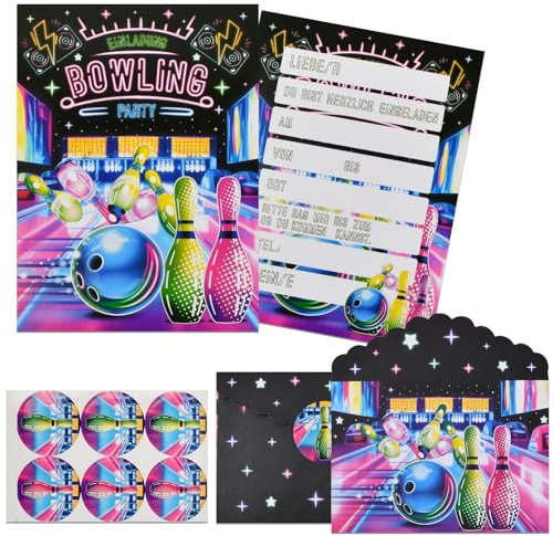 YILANJIN 12er-Pack Neon Bowling Einladungskarten Set für Kindergeburtstage, Doppelseitige Partyeinladungen mit Passenden Umschlägen und Bowling Aufklebern, Ideal für Feiern mit Bowling-Thema